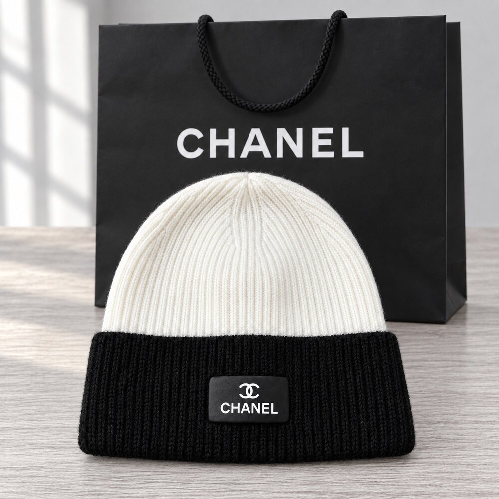 CHANEL Two-Tone Logo Patch Beanie